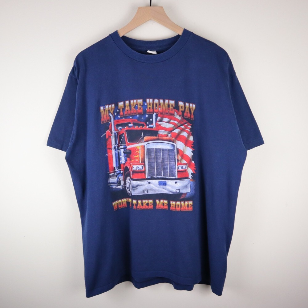 Vintage 90s Trucker My Take Home Pay‎ Won't Take Me Home Shirt Navy XL 23.5x29.5